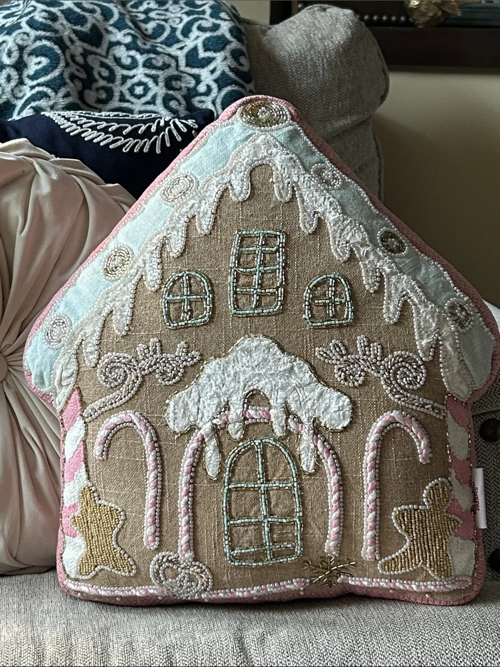 NEW! Christmas Holiday Pink Candy Shoppe Gingerbread House Beaded Throw Pillow
